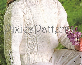 Girl's lacy panel round neck cardigan knitting pattern. To fit 20"- 30" chest. Double Knitting. PDF instant digital download