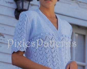 Ladies lacy short sleeved cardigan knitting pattern PDF in English only. Instant digital download 30"/32"- 42"/44" bust