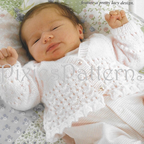 Baby's dainty lacy cardigan knitting pattern (Includes premature baby sizes) To fit 10" - 18" chest.  4 ply. PDF digital download