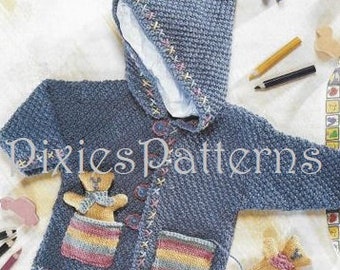Baby/toddler's cute hooded jacket & teddy knitting pattern. To fit 16" - 22" chest. Double Knitting. PDF instant digital download