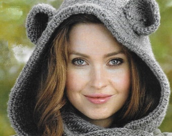 Ladies cosy bear cowl (all-in-one hat and scarf) crochet pattern PDF instant digital download