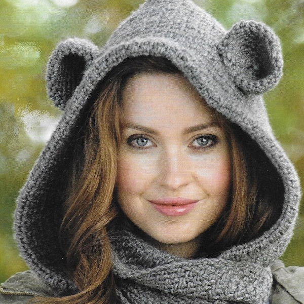 Ladies cosy bear cowl (all-in-one hat and scarf) crochet pattern PDF instant digital download