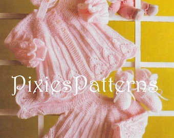 Baby's lacy panel dress, jacket, bonnet & bootees knitting pattern. To fit 14" - 20" chest. Double Knitting. PDF instant digital download