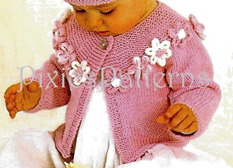 Modèle de tricot de cardigan orné de fleurs pour bébé/enfant en bas âge. 41cm 56cm 16 22 poitrine. Tricot double. Téléchargement numérique instantané PDF image 2