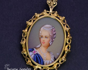 Antique Diamond Ruby Enamel 18k Yellow Gold Cameo Pendant Brooch