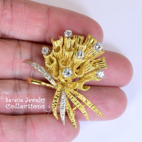 Diamond 18k Yellow Gold Flower Bouquet Brooch Vintage Gem