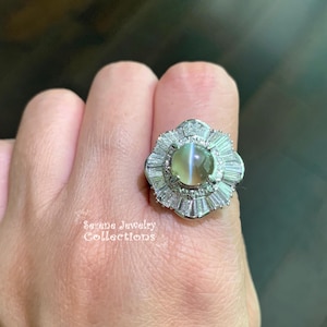 3.48CT Cats Eye Chrysoberyl Diamond Platinum Ring Vintage Size 7.5