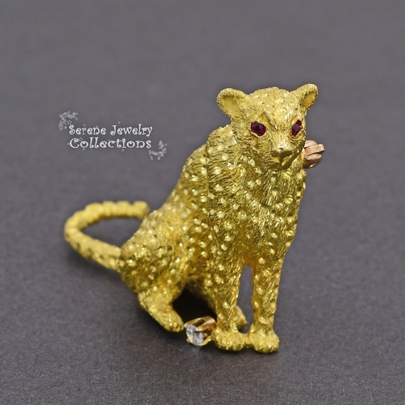 Ruby 18k Solid Yellow Gold Diamond Leopard Cat Br… - image 2