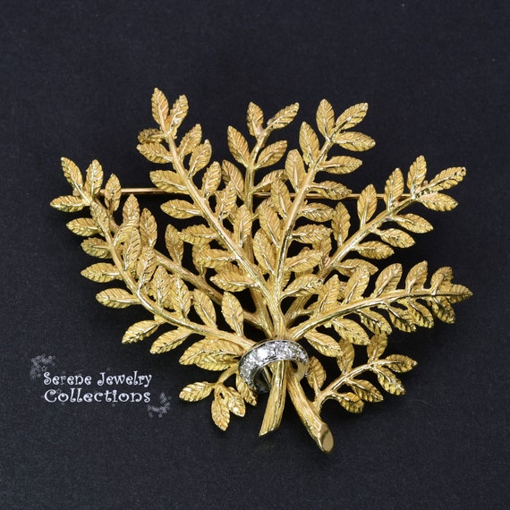 Diamond 14k Yellow Gold Leaf Foliage Branch Brooc… - image 7