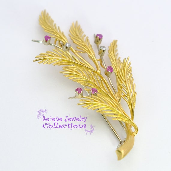 Ruby Diamond 18k Solid Gold Ferns Brooch Vintage - image 8