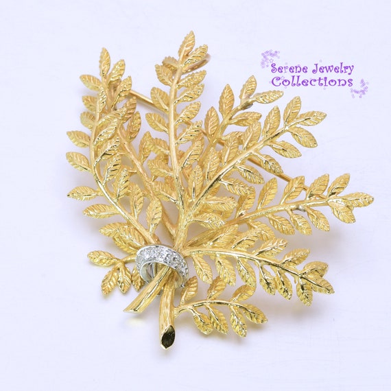 Diamond 14k Yellow Gold Leaf Foliage Branch Brooc… - image 4