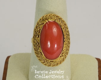 Red Coral 18k Gold Ring Vintage Ring Size 7.75