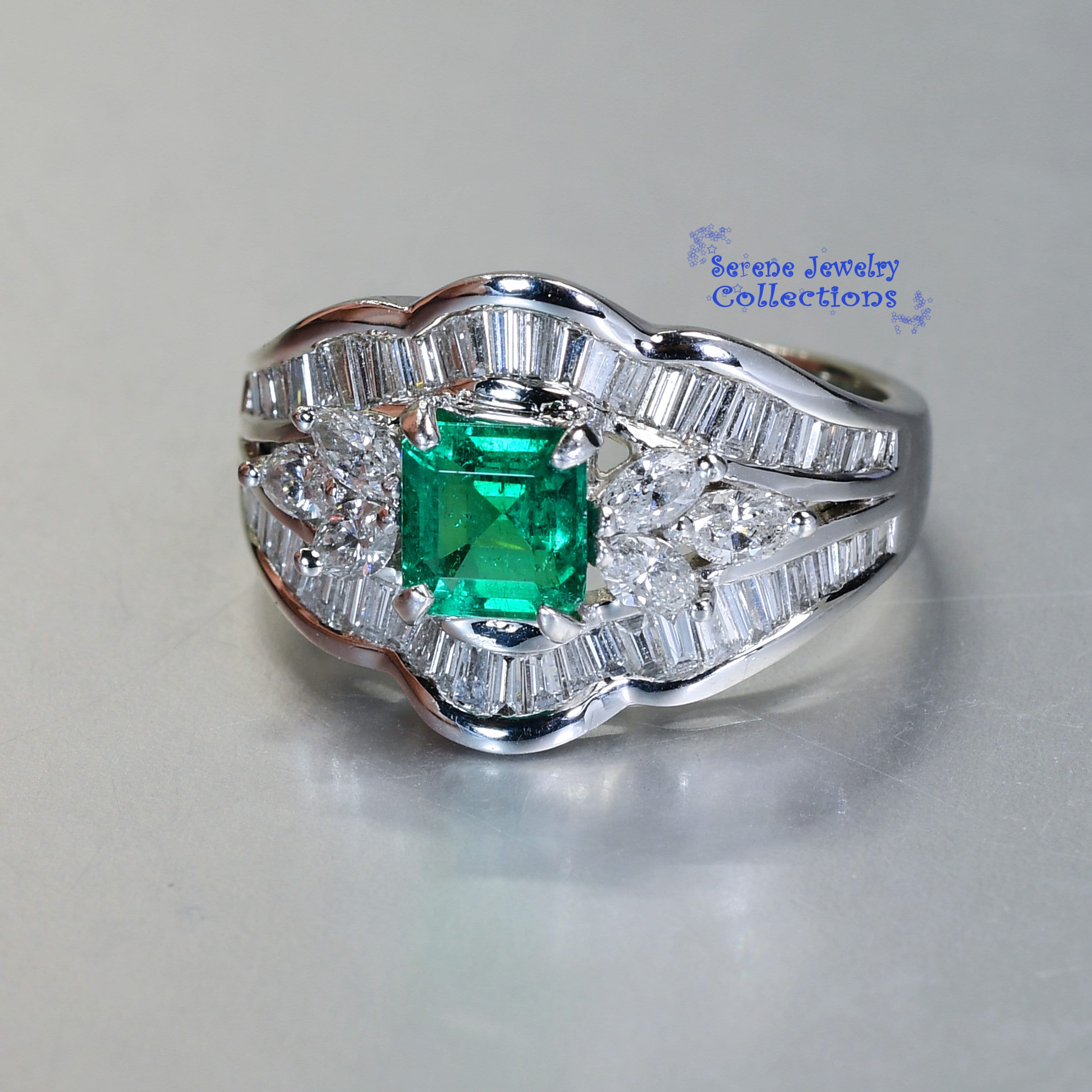 0.77CT エメラルド ダイヤモンド プラチナ リング ヴィンテージ サイズ