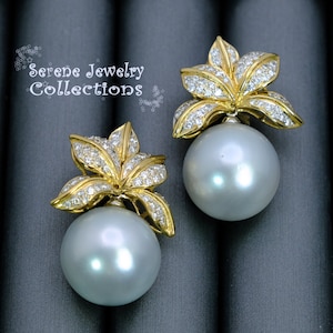 Large 16.2MM South Sea Pearl Diamond 18k Yellow Gold Vintage Earrings