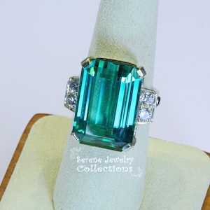 18.2CT Grün Blau Lagune Turmalin Diamant 14kWeißgold Ring Vintage Größe 7.25