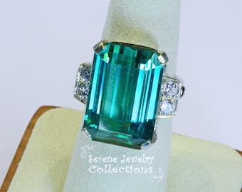 18.2CT Green Blue Lagoon Tourmaline Diamond 14kWhite Gold Ring Vintage Size 6.25