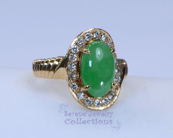3CT A Jade Jadeite Diamond 18k Yellow Gold Ring Size 6.5