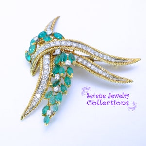 Emerald Diamond 18k Yellow Gold Brooch Vintage