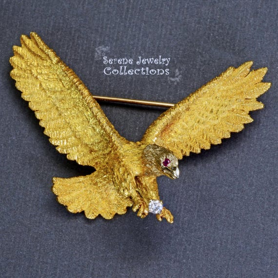 Ruby Diamond 18k Solid Gold Eagle Brooch Vintage - image 6