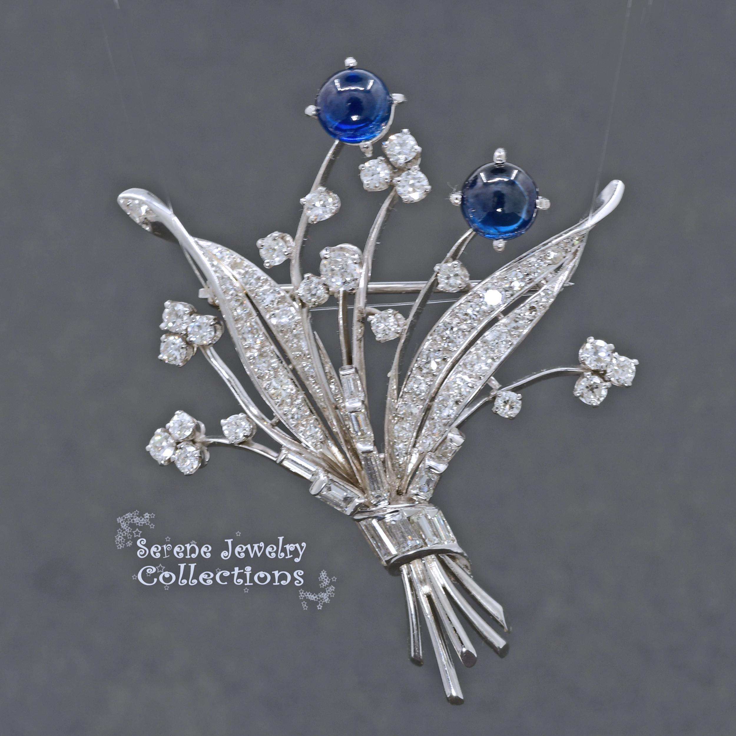 2.6ct Diamond 3.3ct Blue Sapphire Platinum Flower Bouquet