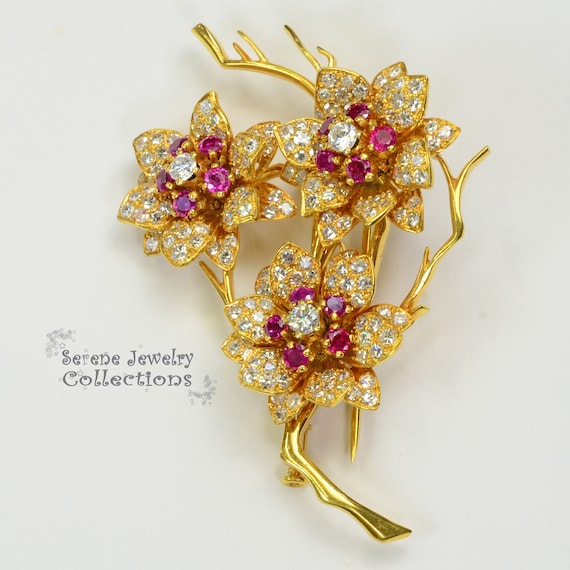 Ruby Diamond 18k Solid Gold Flowers Brooch Vintage - image 2