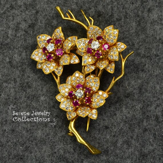 Ruby Diamond 18k Solid Gold Flowers Brooch Vintage - image 6