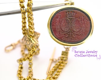 Antique Georgian Chain FOB 14k Yellow Gold with Stamp Insignia Coat of Arms 16 inch dual chain