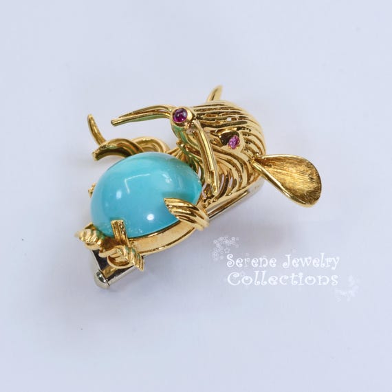 Turquoise Ruby 18k Solid Gold Mouse Brooch Vintage - image 5