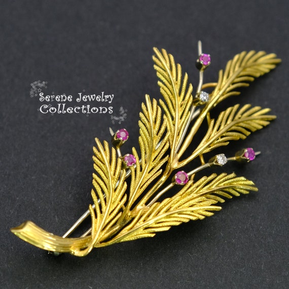 Ruby Diamond 18k Solid Gold Ferns Brooch Vintage - image 4