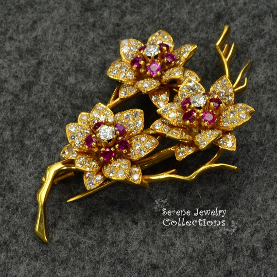 Ruby Diamond 18k Solid Gold Flowers Brooch Vintage - image 8
