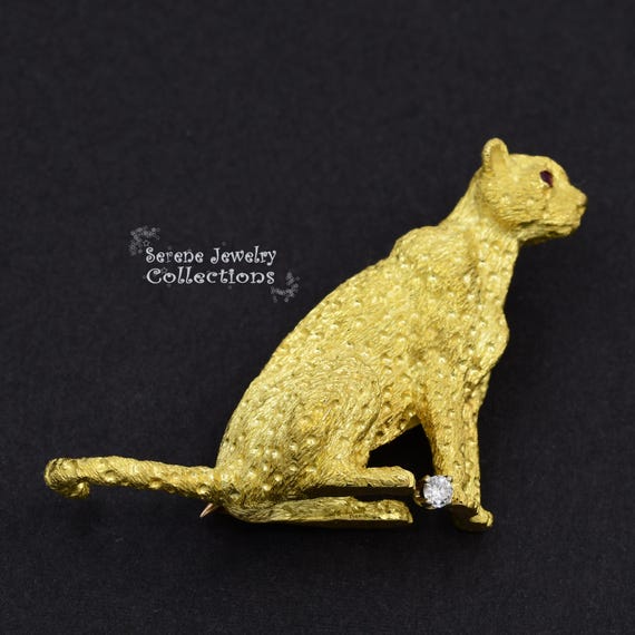 Ruby 18k Solid Yellow Gold Diamond Leopard Cat Br… - image 4