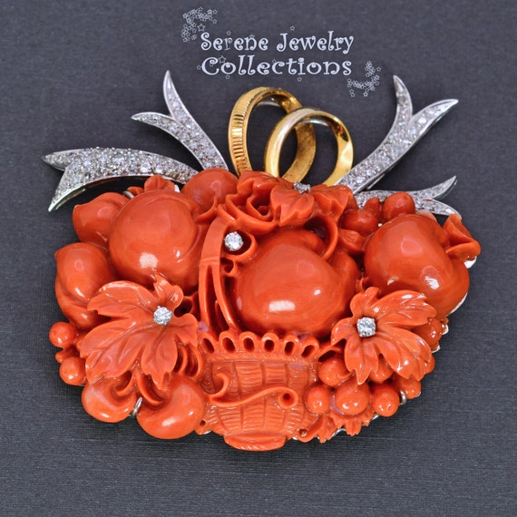 Large Carved Coral Diamond Fruit Basket 18k Yello… - image 1