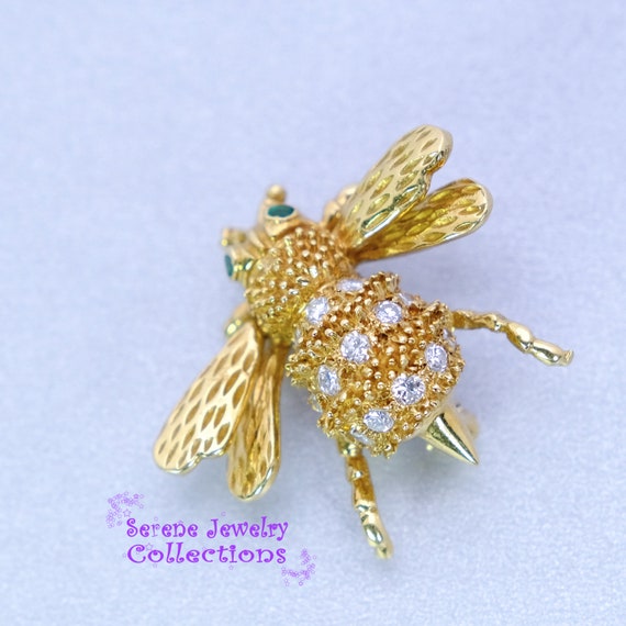 Diamond Emerald 18k Yellow Gold Honey Bee Brooch … - image 2
