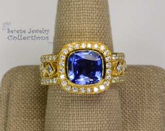 4CT Blue Sapphire Diamond 18k Gold Ring Vintage Ring Size 8.75