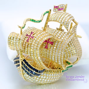 12.5ct Diamond Emerald Ruby Sapphire 18k Yellow Gold Galleon Ship Boat Brooch Vintage