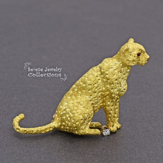 Ruby 18k Solid Yellow Gold Diamond Leopard Cat Br… - image 1