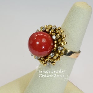 Red Coral Diamond 18k Solid Gold Ring Vintage Ring Size 5