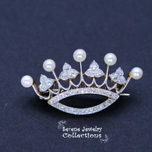 Antique Diamond Pearl 18k White Gold Crown Brooch Pin