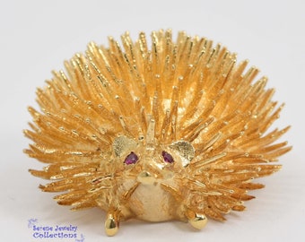 Ruby 14k Yellow Gold Hedgehog Brooch Vintage