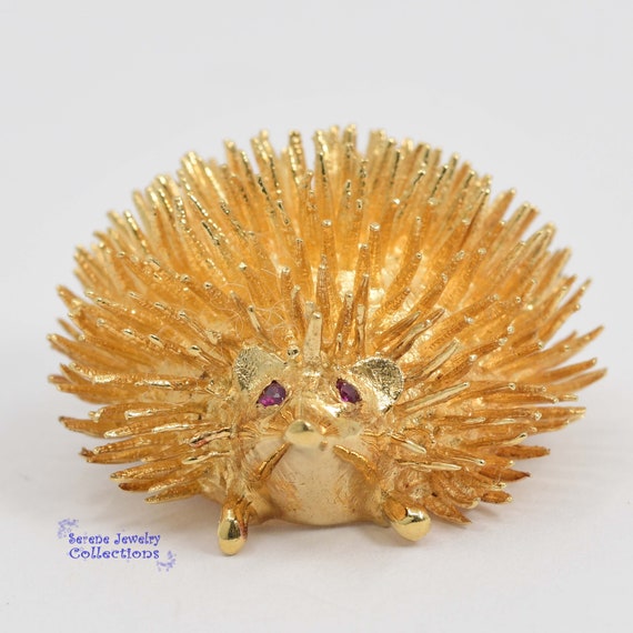 Ruby 14k Yellow Gold Hedgehog Brooch Vintage