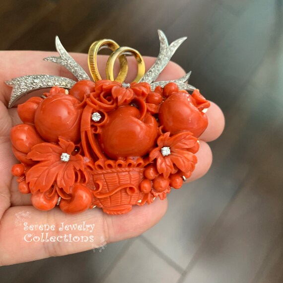 Large Carved Coral Diamond Fruit Basket 18k Yello… - image 10
