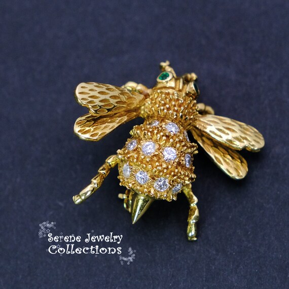 Diamond Emerald 18k Yellow Gold Honey Bee Brooch … - image 6