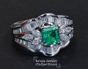 0.77CT エメラルド ダイヤモンド プラチナ リング ヴィンテージ サイズ