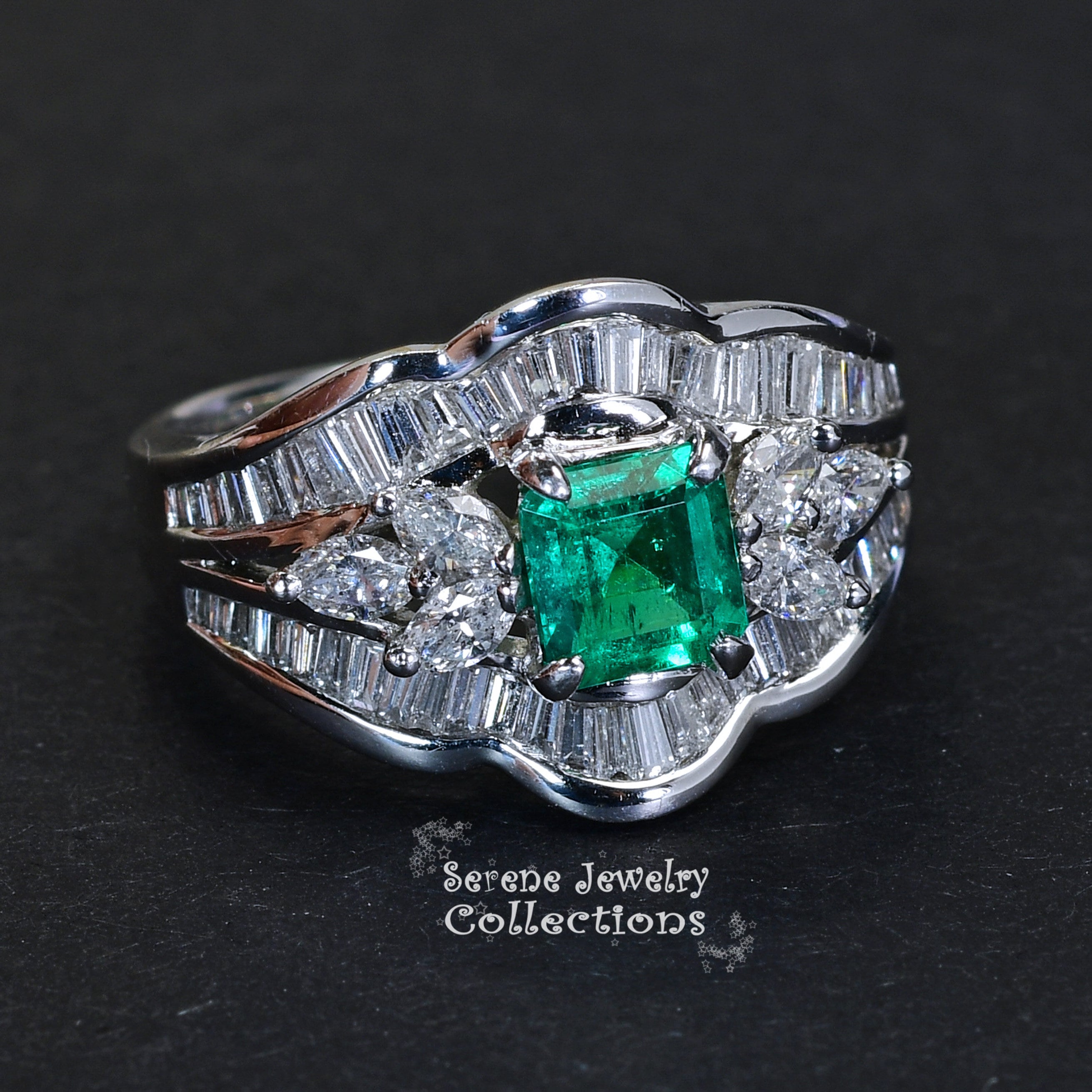 0.77CT エメラルド ダイヤモンド プラチナ リング ヴィンテージ サイズ