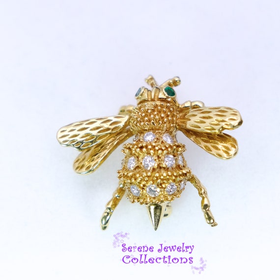 Diamond Emerald 18k Yellow Gold Honey Bee Brooch … - image 8