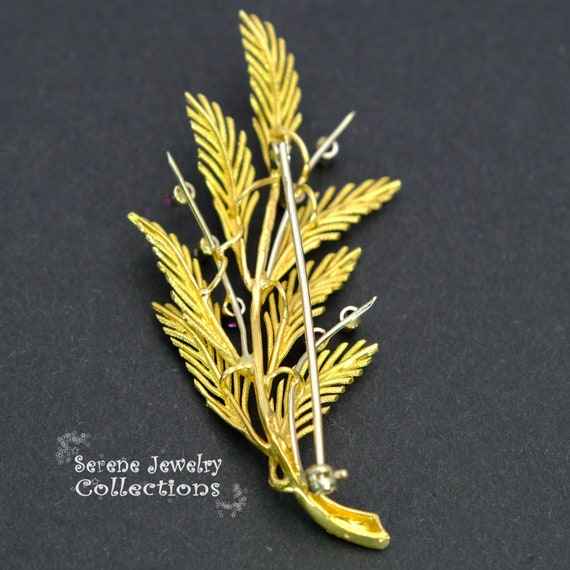 Ruby Diamond 18k Solid Gold Ferns Brooch Vintage - image 6