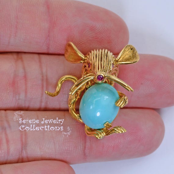 Turquoise Ruby 18k Solid Gold Mouse Brooch Vintage - image 4