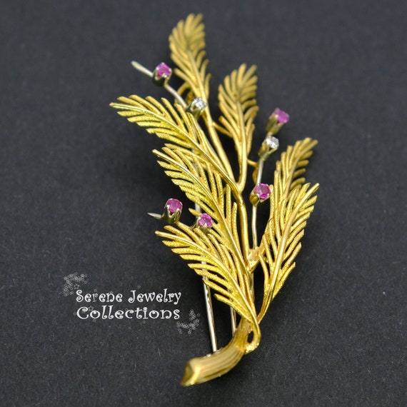 Ruby Diamond 18k Solid Gold Ferns Brooch Vintage - image 2