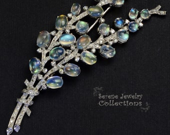 Moonstone Diamond 18k Gold Flower Brooch Vintage
