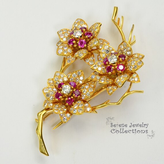 Ruby Diamond 18k Solid Gold Flowers Brooch Vintage - image 3